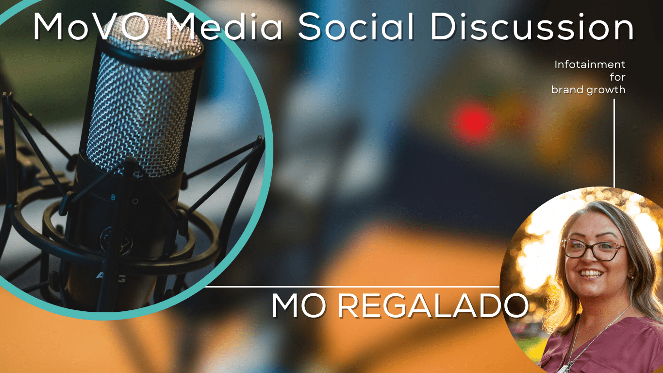 Podcast image for MoVO  Media Social Discussion. Image has a microphone and a photo of Mo Regalado